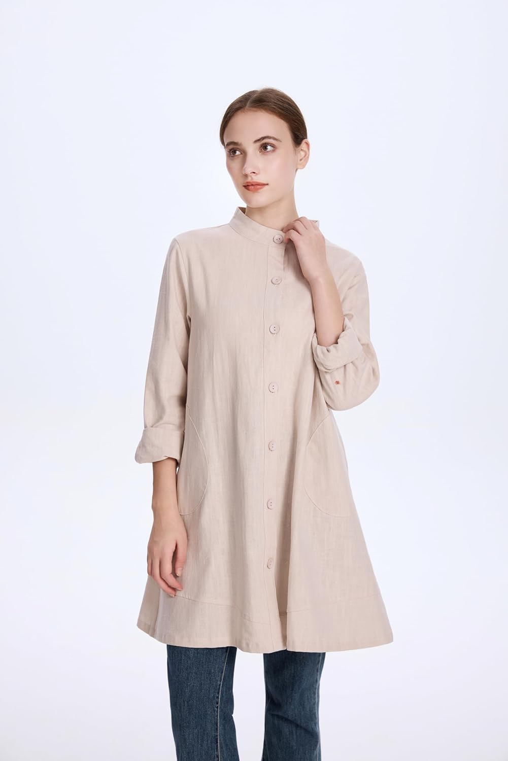 Minibee Women's Oversized Button Down Shirts Long Sleeve Cotton Linen Light Blouse Jacket with Pockets - Image 2