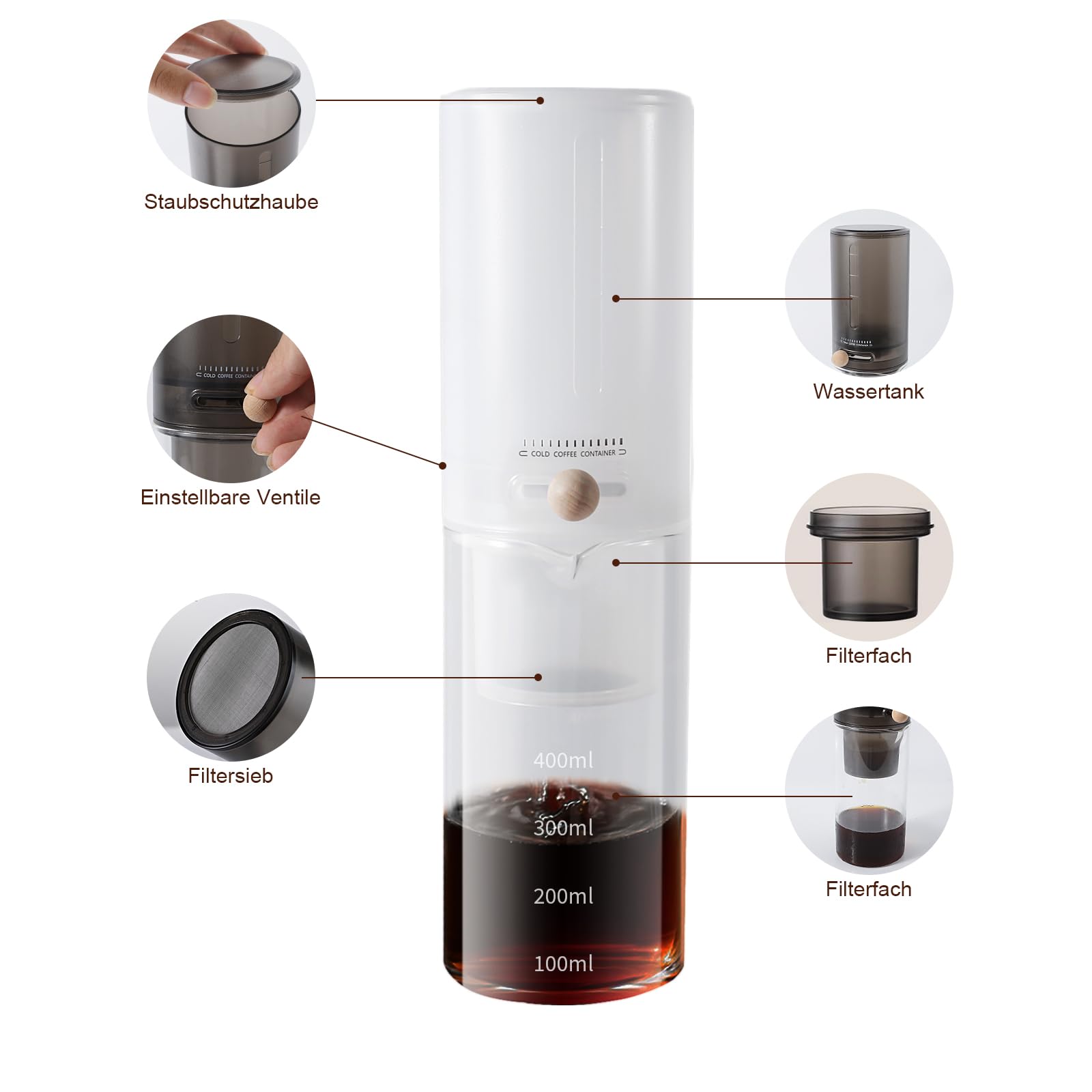 Cold Brew Coffee Maker, (4 Tassen/600ml) Kaffeemaschinen FüR Cold Brew Coffee Und Cold Tea, Tropfkaffeemaschinen, Einstellbare Kalte Extraktionsgeschwindigkeit, Kommt Mit 100 Filterpapier. (White)