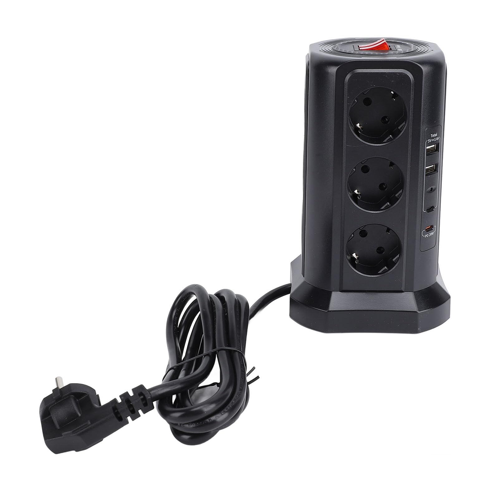 Multiprise Tour, Multiprise électrique Verticale ABS 12,3 X 20 Cm avec Interrupteur de Protection, Plusieurs Ports, Panneau de Prise Permettant d'économiser de l'espace pour Une (Black)