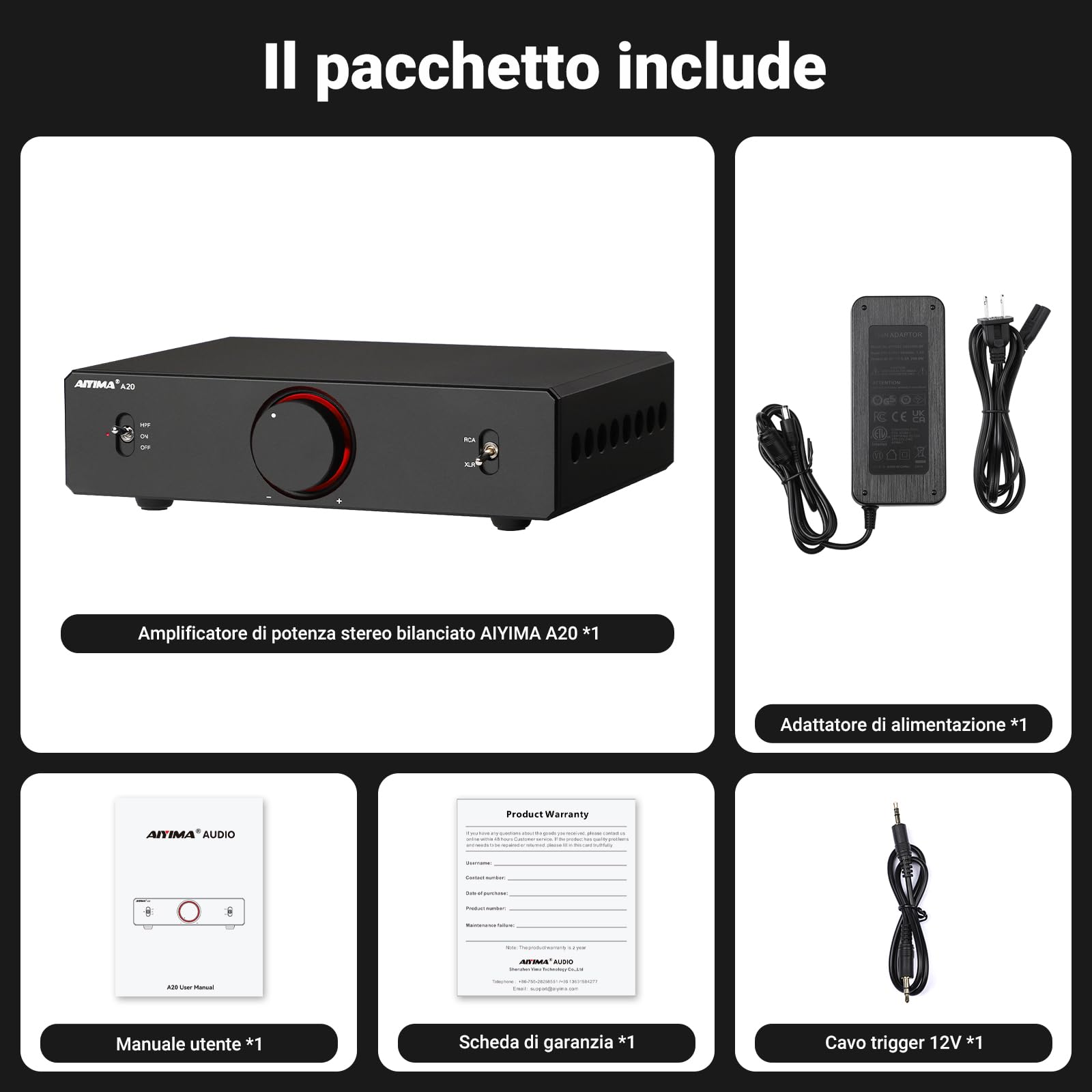 AIYIMA A20 Amplificatore stereo bilanciato con regolazione HPF Home HiFi 2.0/2.1 Amplificatore desktop classe D TPA3255 PFFB con ingresso RCA/XLR e trigger da 12 V per diffusori passivi