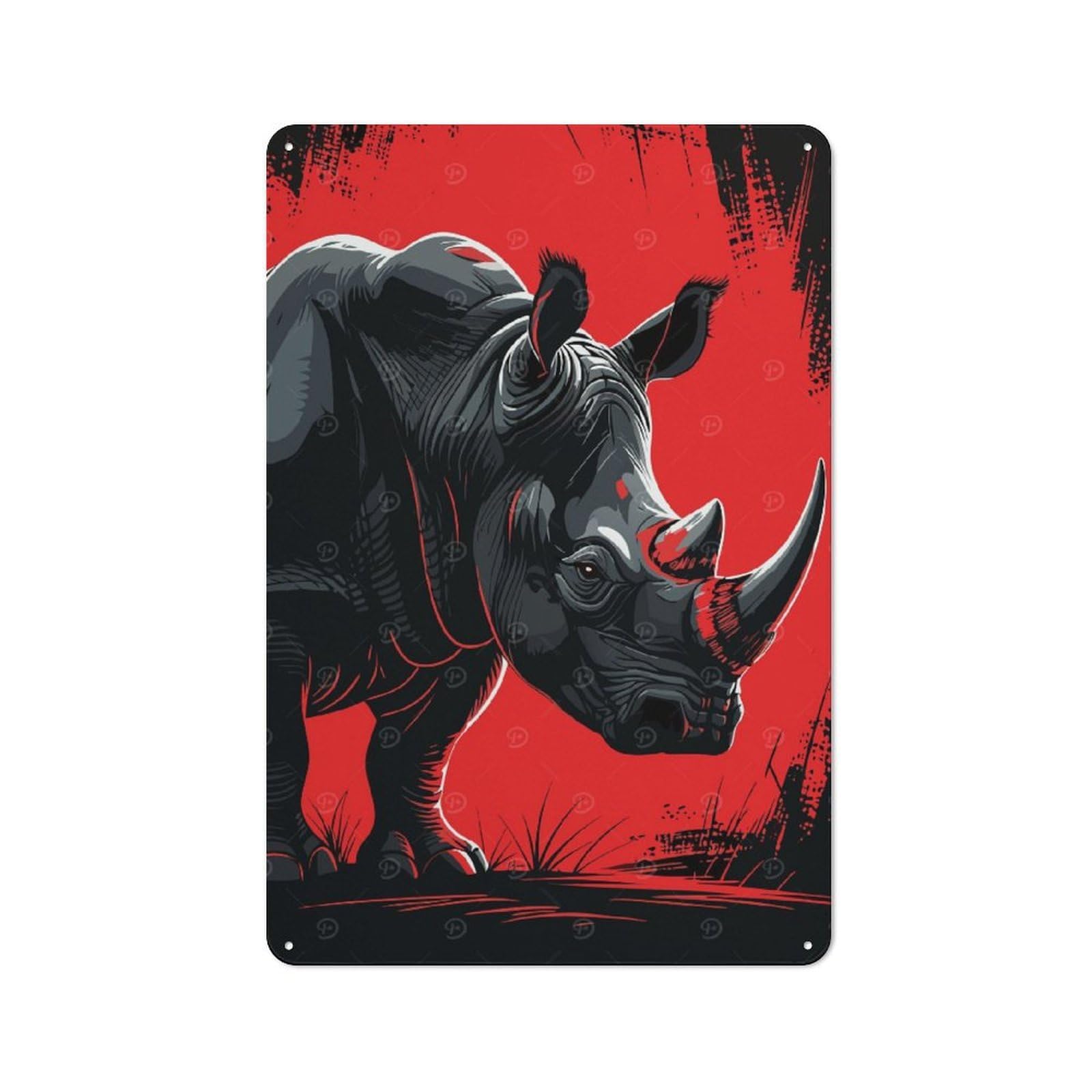 Junmoney Stylized Rhino Illustration On Red Background Tin Wall Plaque 30X20cm With For Dining Room Or Kitchen, Winter Wall Decor For Dining Room Decor Fans