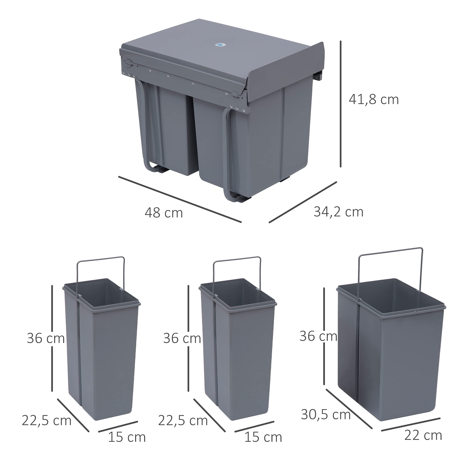 HOMCOM Poubelle cuisine coulissante encastrable 40L avec 3 bacs amovibles pour tri sélectif 2 x 10L et 1 x 20L - gris