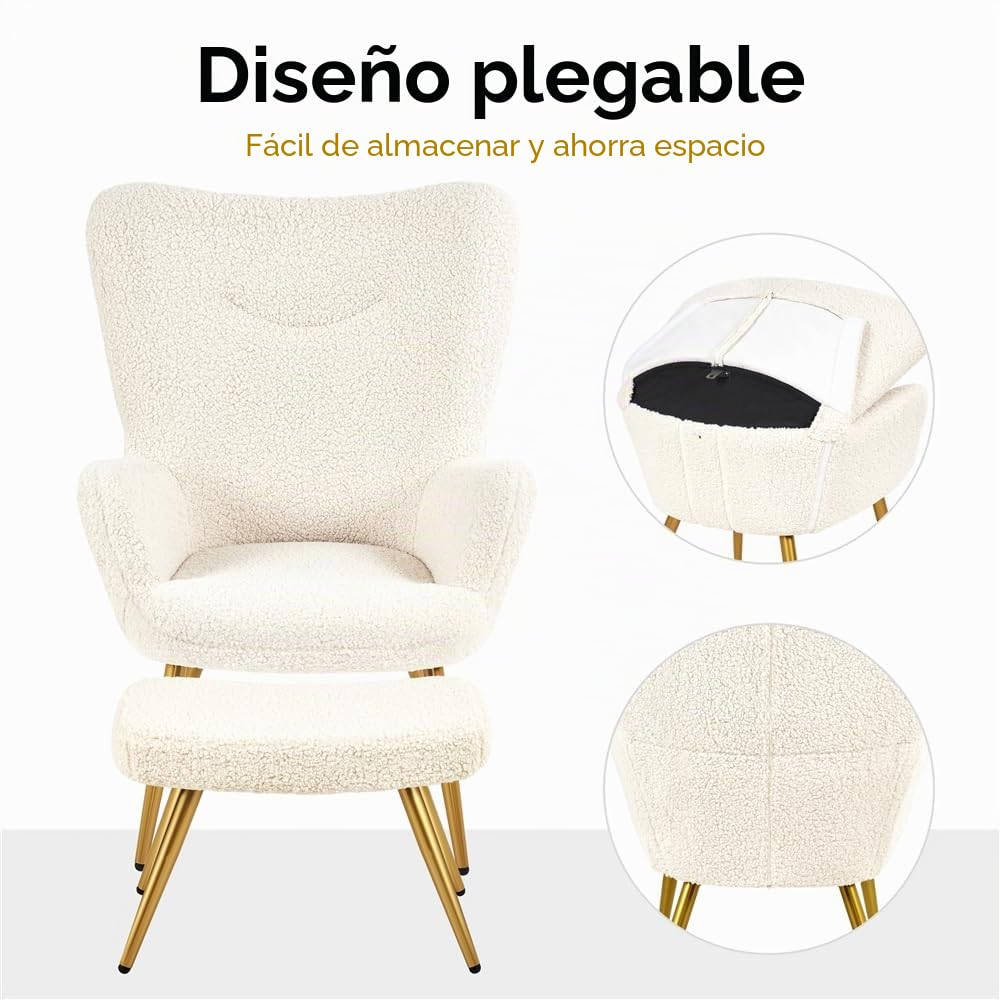 Yaheetech Sillón Orejero con Reposapiés Butaca de Salón Tapizada en Bouclé Sillón Lectura con Otomana de Respaldo Alto Ergonómico Soporte 136kg Ideal para Salón Dormitorio Oficina Marfil