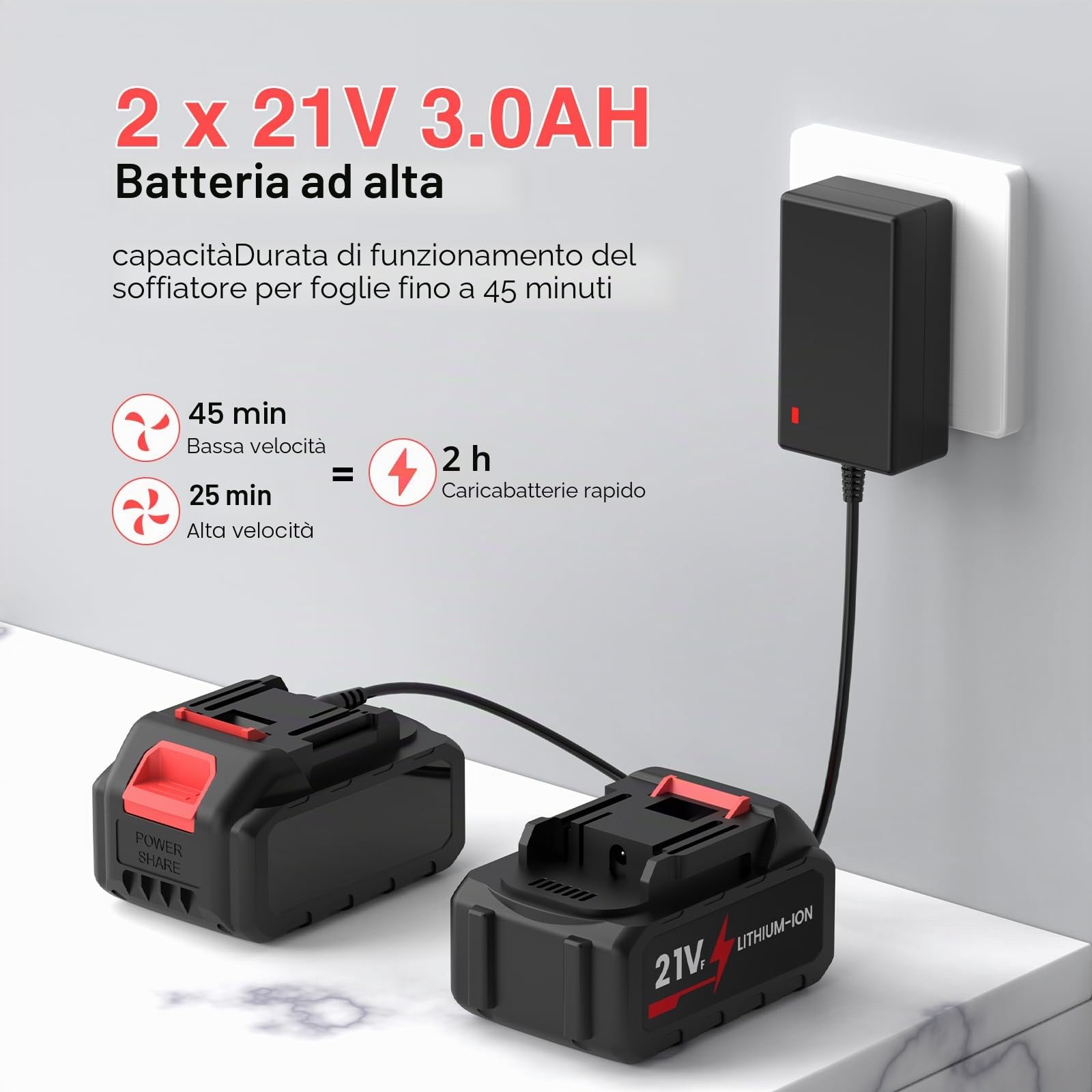 Soffiatore a batteria 21 V, soffiatore senza fili con 2 batterie da 4,0 Ah e caricabatterie, velocità 288 km/h, 2 modalità di velocità, tubo rimovibile, soffiatore di foglie senza fili per terrazza