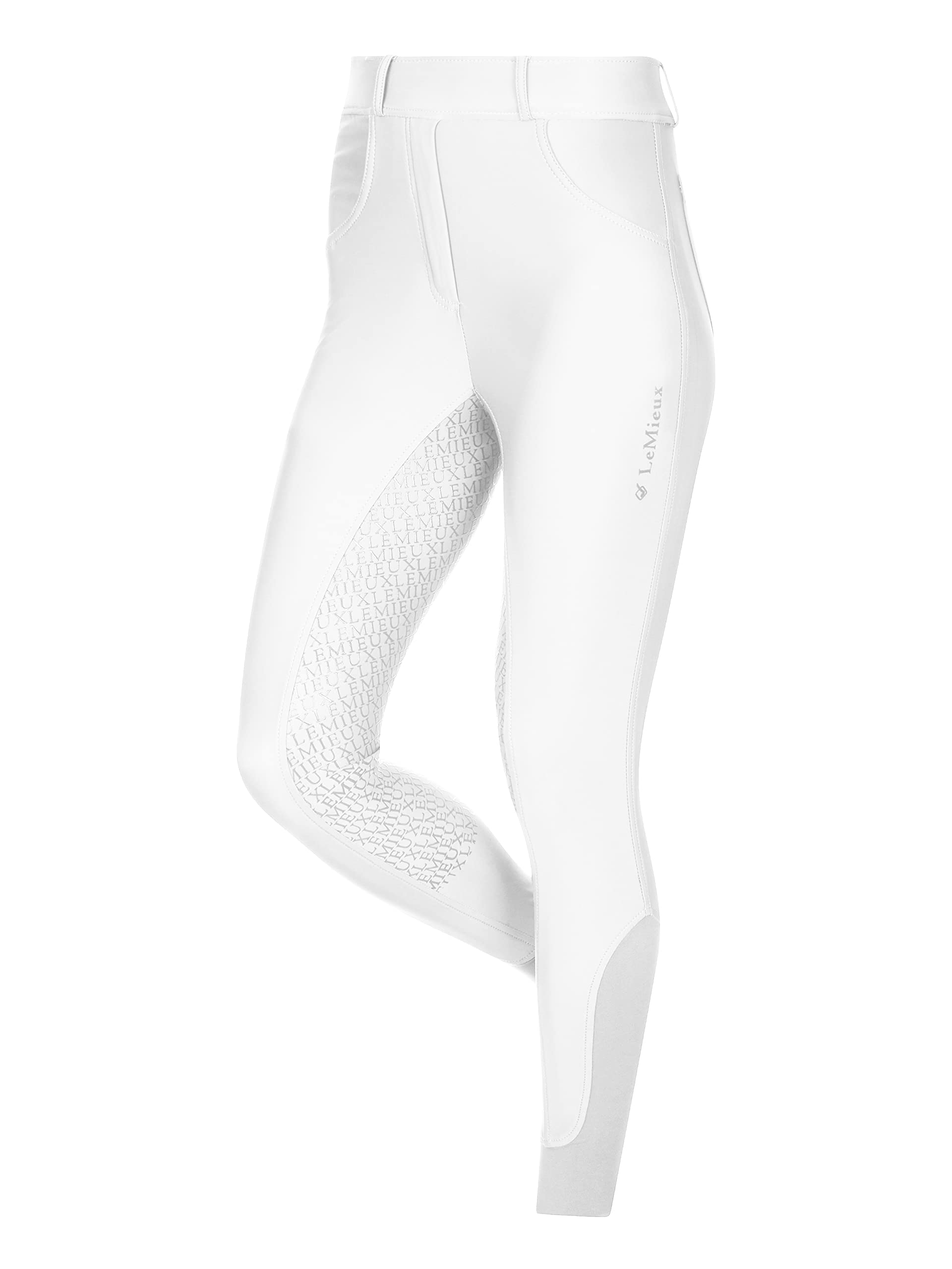 LeMieux Breggings demi Pull On con agarre de asiento completo en color blanco, tela elástica en 4 direcciones, pantalones de equitación para mujer con bolsillos laterales y trabillas para cinturón