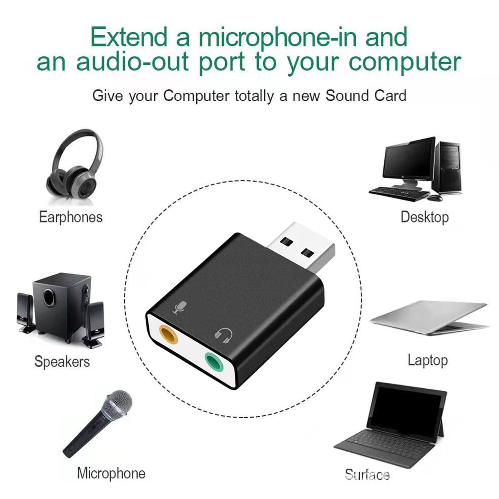 Scheda audio USB – Adattatore audio da 3,5 mm | Convertitore stereo esterno Plug Play, interfaccia in lega di alluminio, jack per microfono per cuffie, compatibile con computer portatile desktop