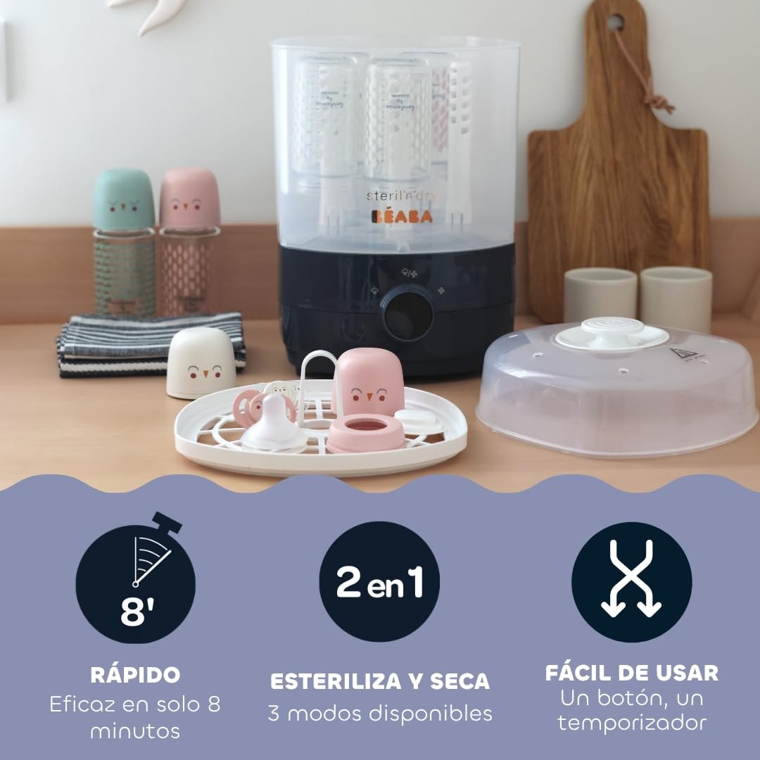 Béaba Esterilizador Secabiberones y Accesorios 2 en 1, 2 Compartimentos, 3 Modos, Elimina el 99.9% de las Bacterias, Gran Capacidad, Sin Filtro, Modular, Sencillo y Rápido, Steril'n'Dry, Azul Noche