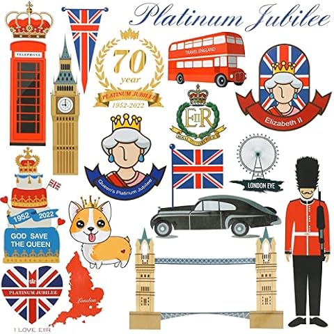 zymay Queen's Jubilee Decorations Stickers,2022 70th Great Britain United Kingdom London Decorations | Waterproof Decals for Bumper, Window, Bottle, Helmets, Set of 57 Cover