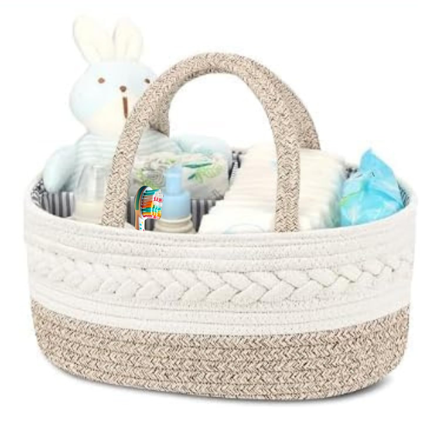 Cotton Rope Diaper Caddy and Storage Basket, Detachable Compartments, Brown