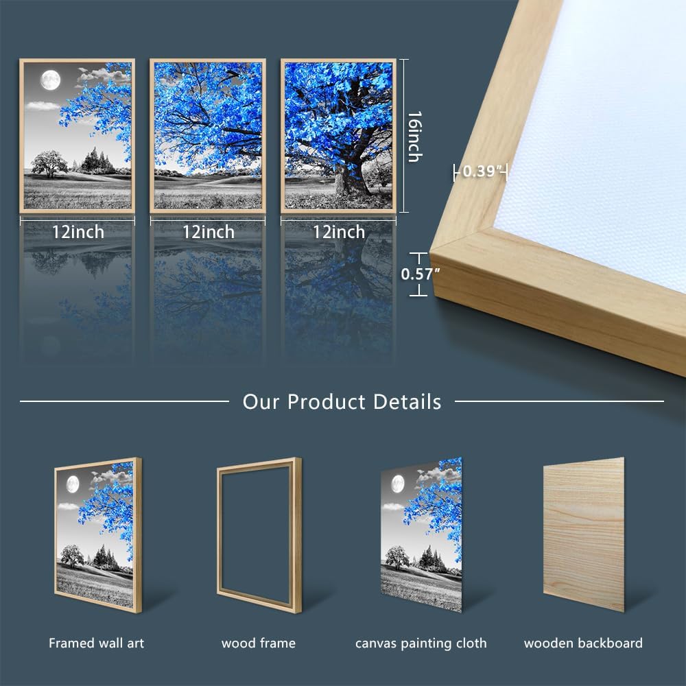 Blue Trees and Moon Landscape Canvas Print Set