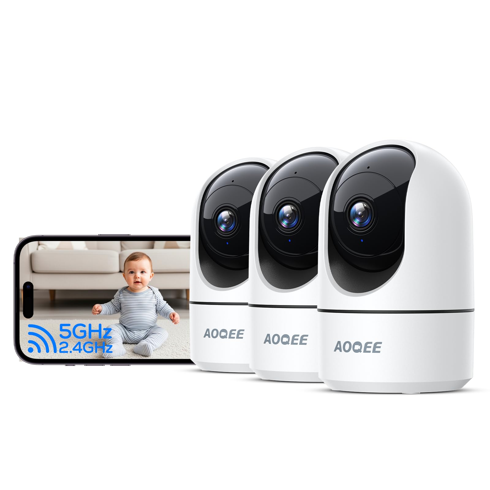 AOQEE 2K 3MP Camera Interieur - 2,4G/5GHz Double Bande Camera Surveillance WiFi, Suivi Intelligent, Détection Humaine IA, Audio Bidirectionnel, Connectée Smartphone pour Bebe/Chat/Chien (Lot de 3)