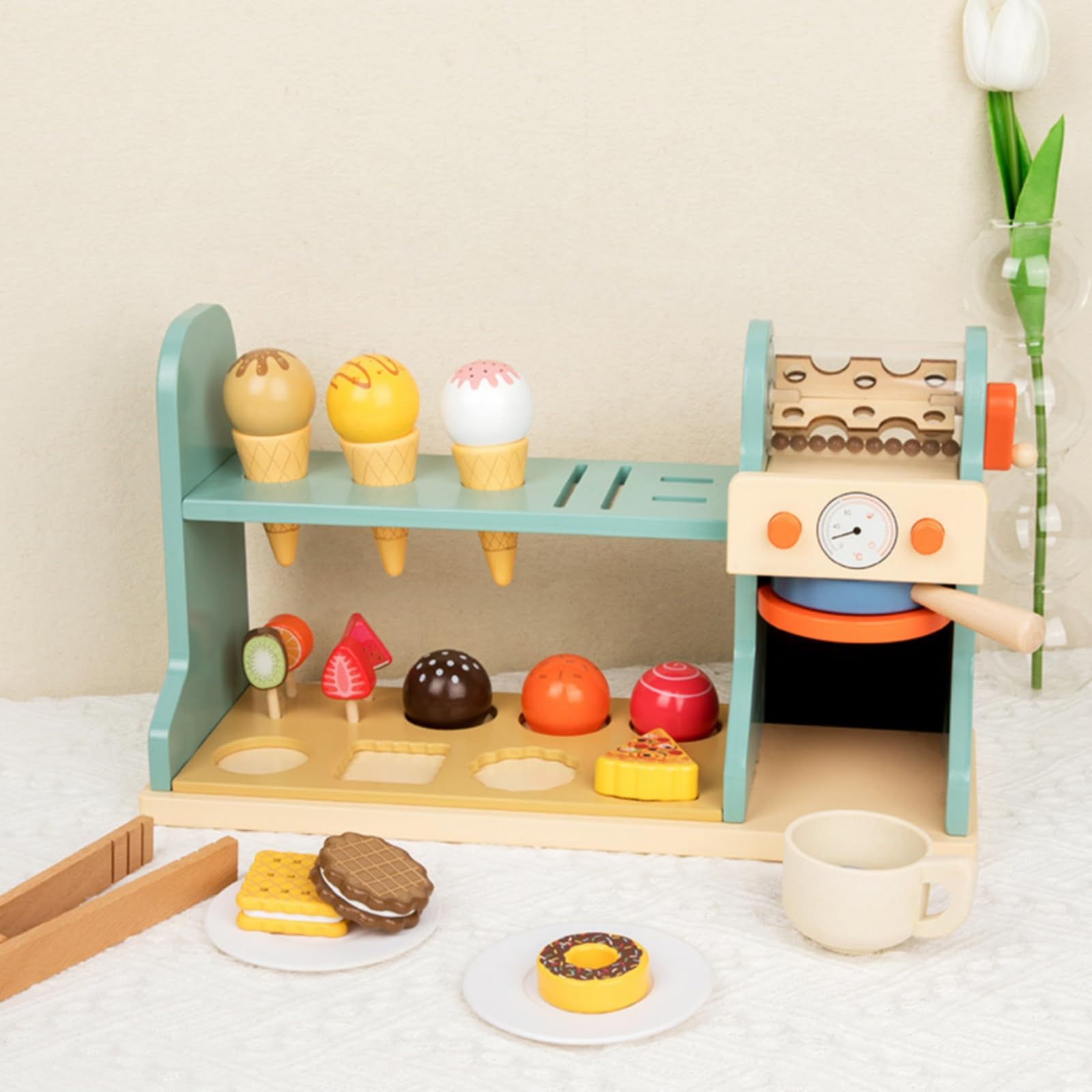 Negozio di Gelati e caffè Giocattolo in Legno Educativo Caffetteria Giocattolo in Legno Robusto Set Gelateria con Accessori per Bambini da 4 a 6 Anni