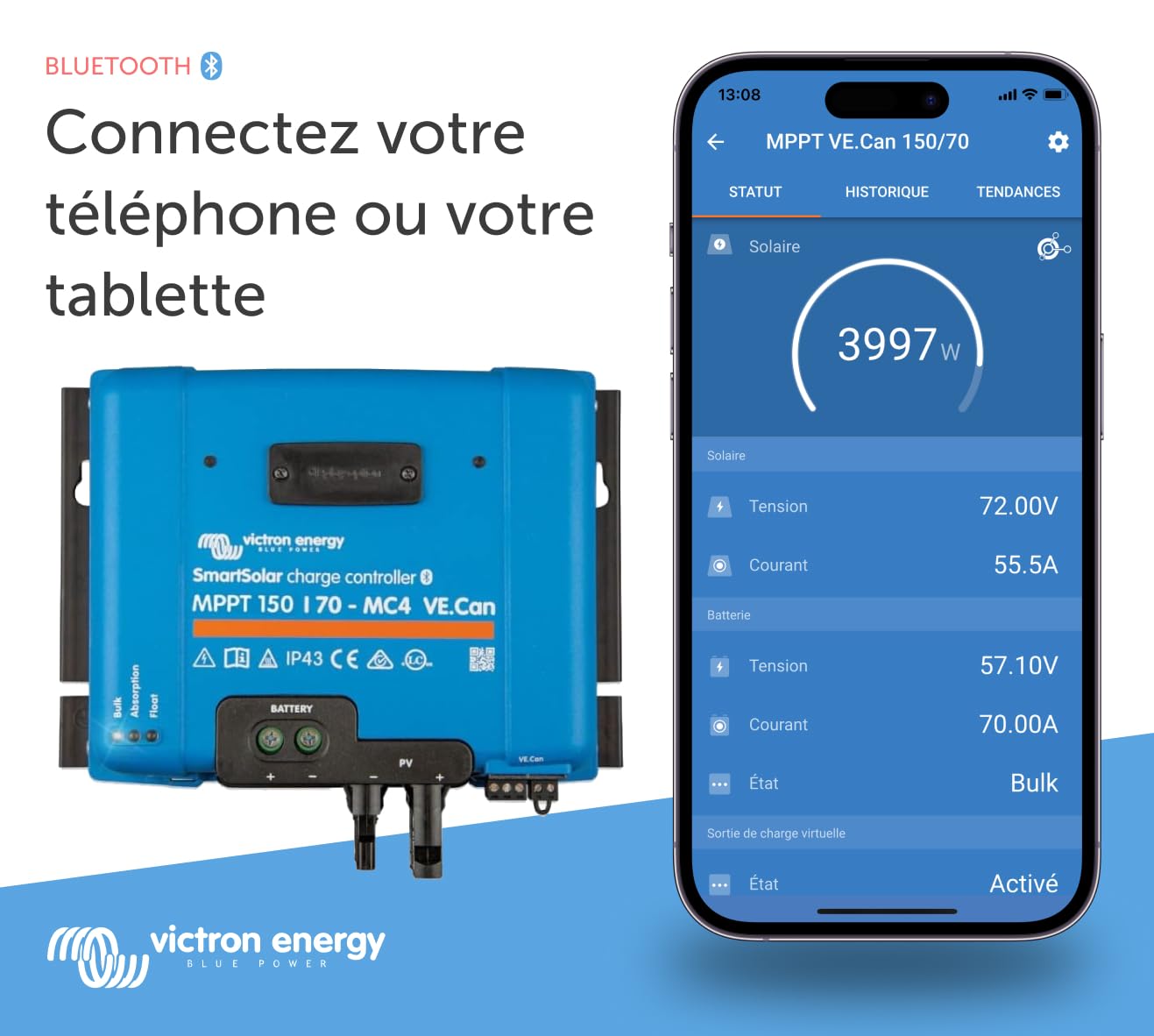 Victron Energy SmartSolar MPPT MC4 VE.Can 150V 70 amp 12/24/36/48-Volt Contrôleur de Charge Solaire (Bluetooth)