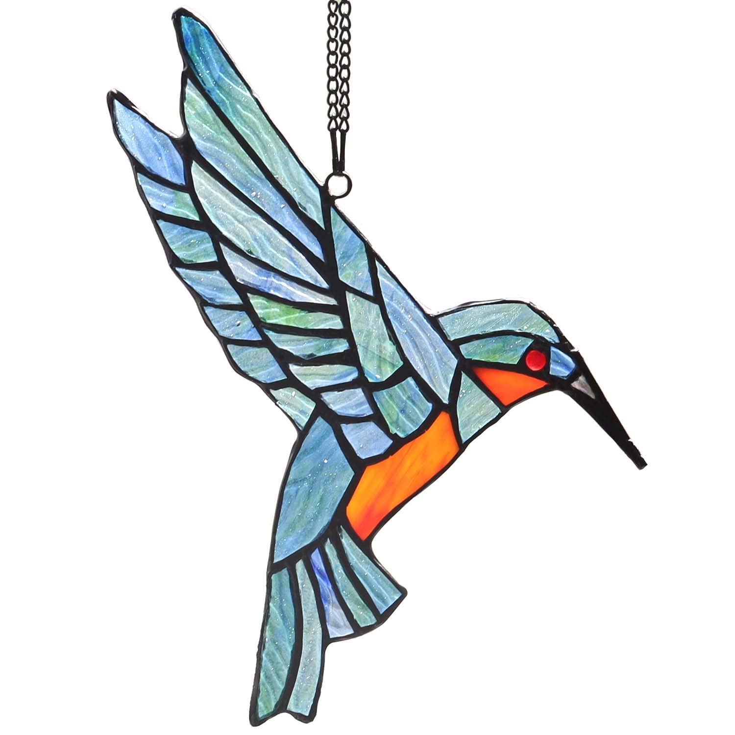 Bieye W10049 Colibrí Tiffany estilo vidriera colgado para ventana con cadena y gancho de ventosa (7 pulgadas de ancho x 8 pulgadas de alto)