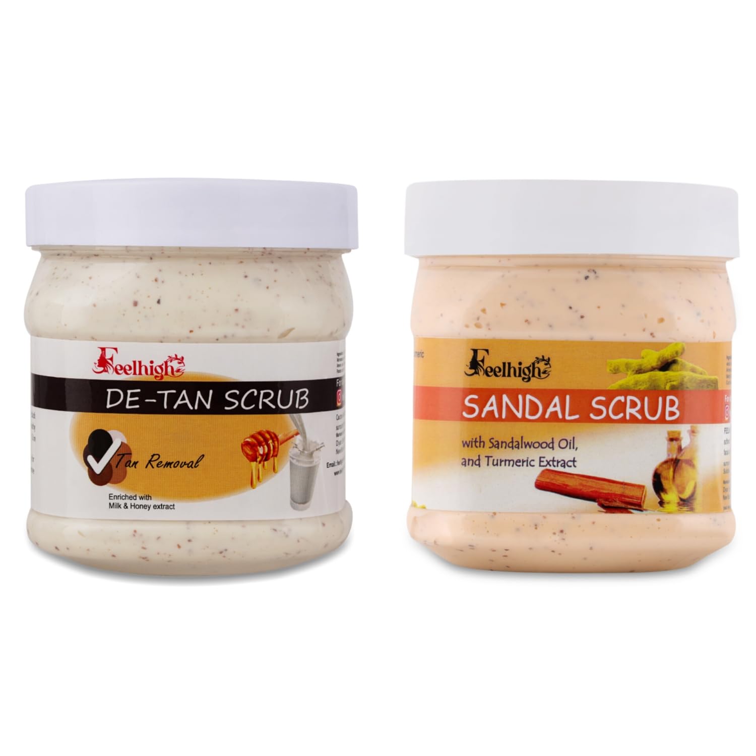 Feelhigh Sandal Scrub with sandalwood oil and Turmeric Extract & De-tan tan removal scrub Enriched with Milk And honey- face & body scrub Scrub (500 ml)