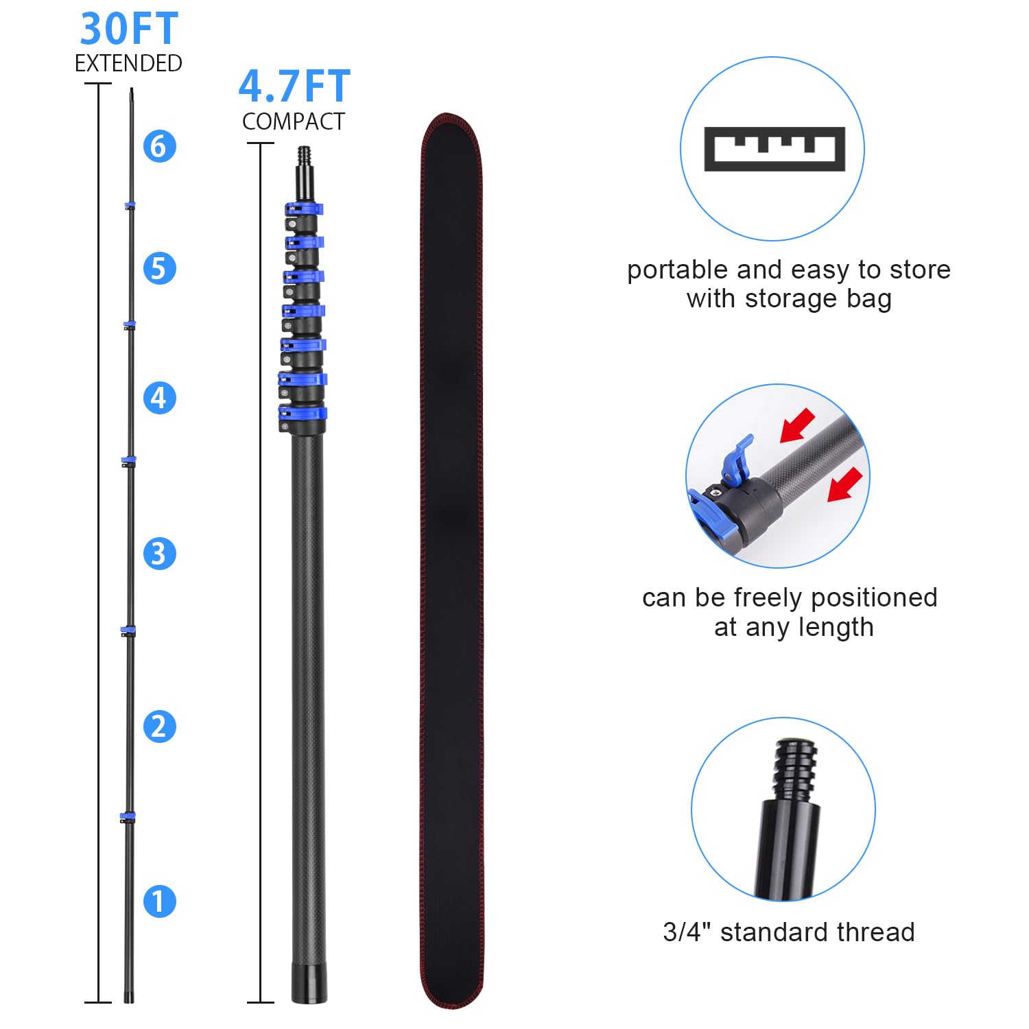 Manche Telescopique En Fibre De Carbone 9,15m, Perche Telescopique Pour Le Nettoyage Des Rouleaux De Peinture,Tige Télescopique Légère Et Stable Pour Les Travaux De Peinture Avec Tête