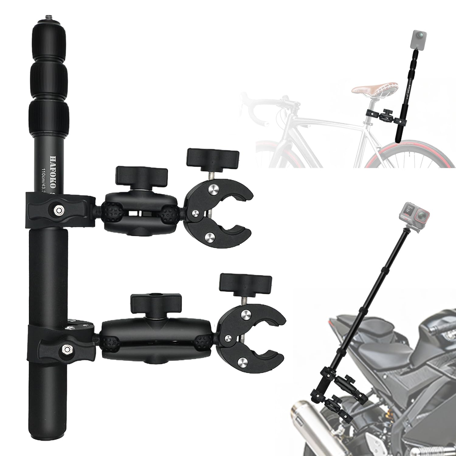 Moto Cámara Montaje Kit con Osmo 360 Osmo Nano, Bicicleta Doble Abrazaderas Manillar Soporte con 43" Palo Selfie Invisible compatible con Insta360 X5-X para UTV y Vlogging Registros de Conducción