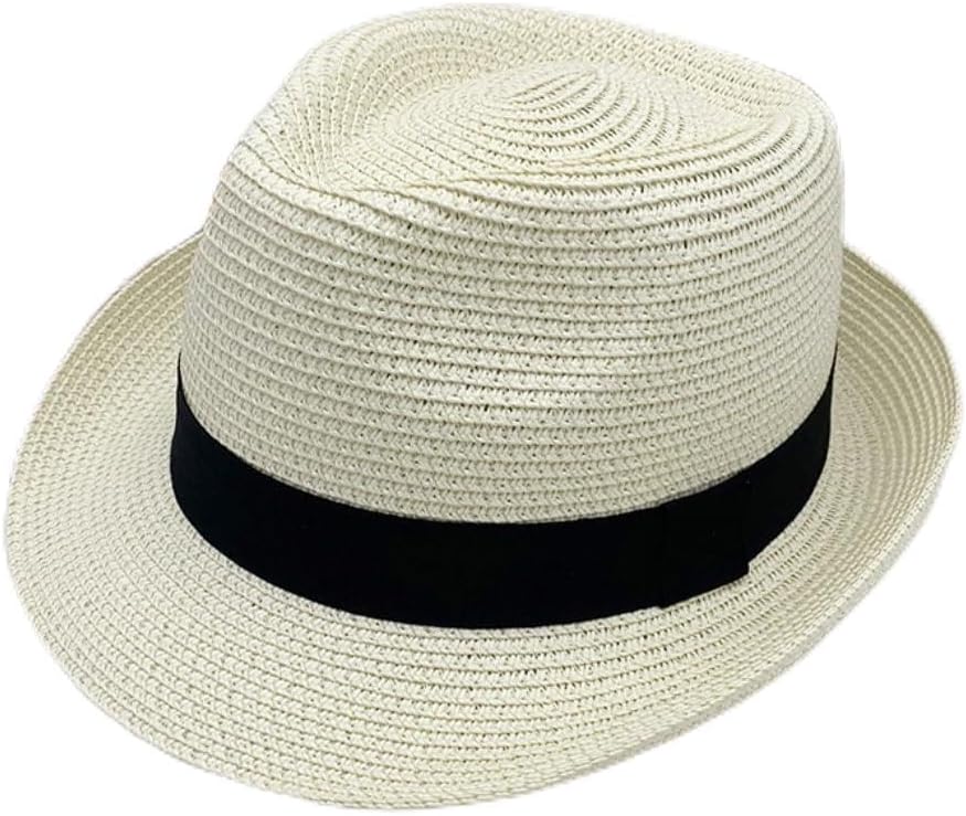 Classic Straw Fedora Hat with Black Band, Natural Tan, Summer Beach Sun Hat
