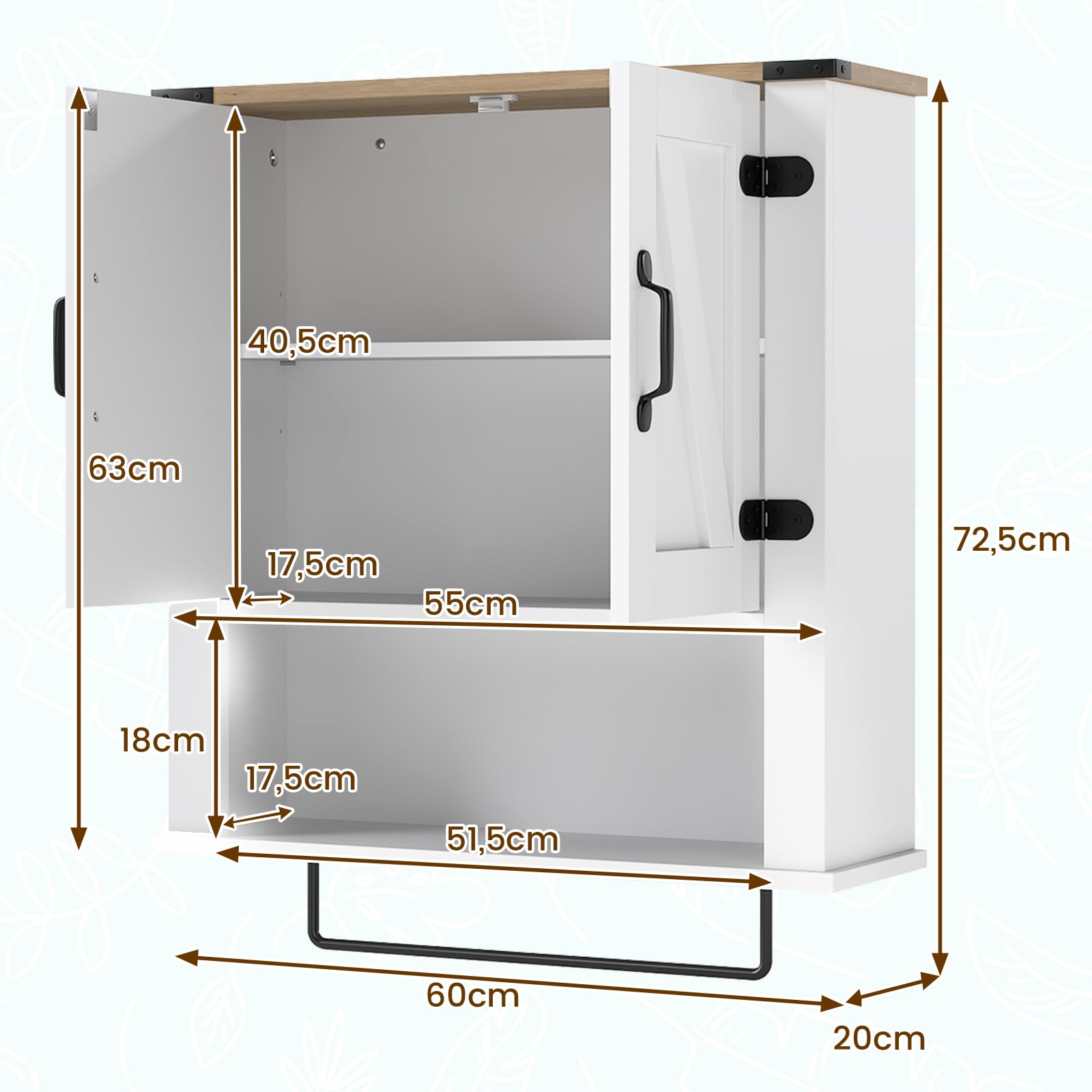 LIFEZEAL Mobiletto Bagno Salvaspazio da Parete, Bianco, Pensile Bagno Sospeso con Barra Portasciugamani, 2 Ante con Ripiano Regolabile, Armadietto, Armadio, Mobile, per Cucina, in Legno, 60x20x72,5cm