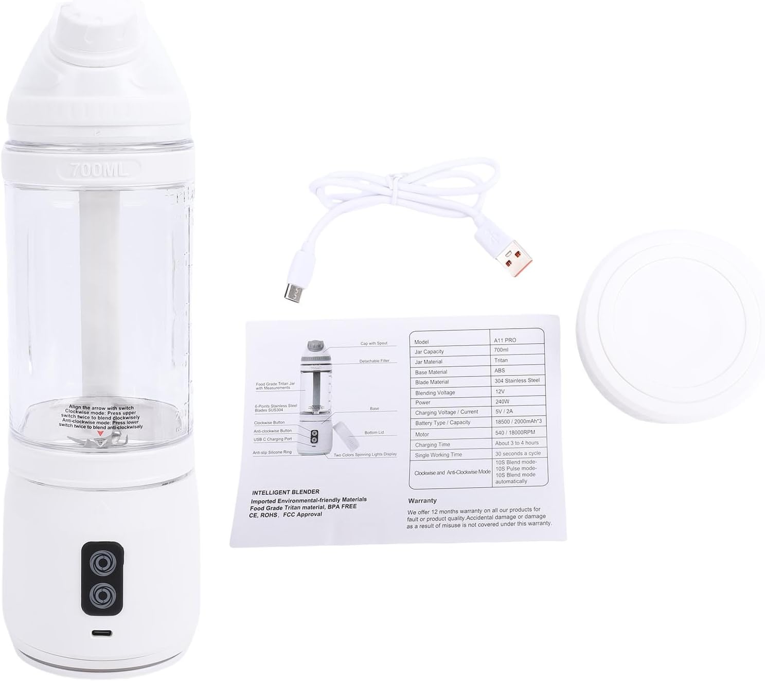 Asixxsix Portable Blender, 240W Cordless USB C Rechargeable 24oz Personal Blender Small Smoothie with Intelligent LED Display Base for Shakes Smoothies Frozen Blending (700ml)
