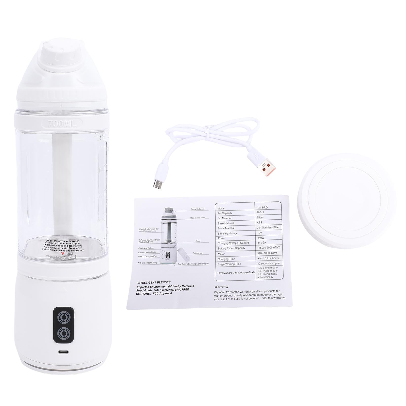 Mélangeur portable sans fil rechargeable par USB 240 W, machine à smoothie haute puissance pour salle de sport, voyage, grande capacité 24 oz, matériau PCTG de qualité alimentaire (700 ml)