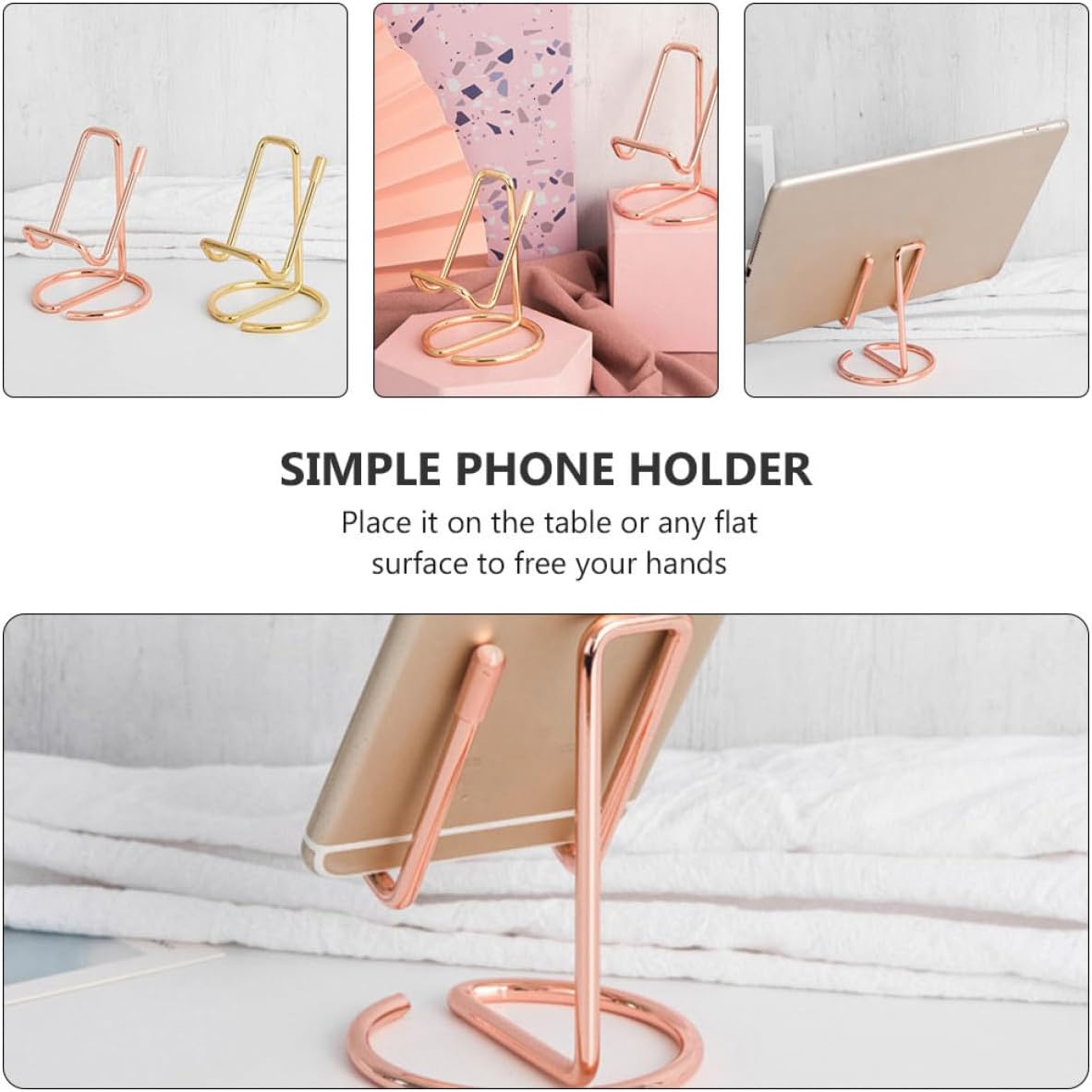 4pcs Iron Phone Holder Set, Desktop Smartphone Stand Rack for Reading and Display, 2 Rose Gold + 2 Gold Metal Cellphone Brackets for Home and Office Use image 3