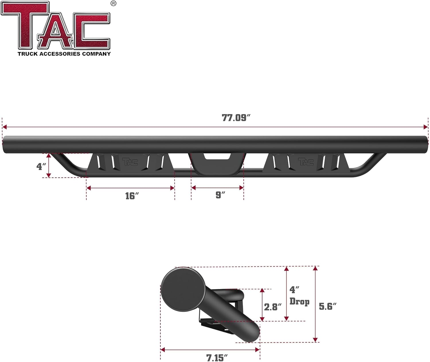 TAC 4” Drop Running Boards Compatible with 2024-2026 Toyota Tacoma Double Cab (Include Hybrid Model)| Side Steps| Step Rails| Nerf Bars| Rocker Slider| Two-Stair| Fine Texture Black (2PCS)
