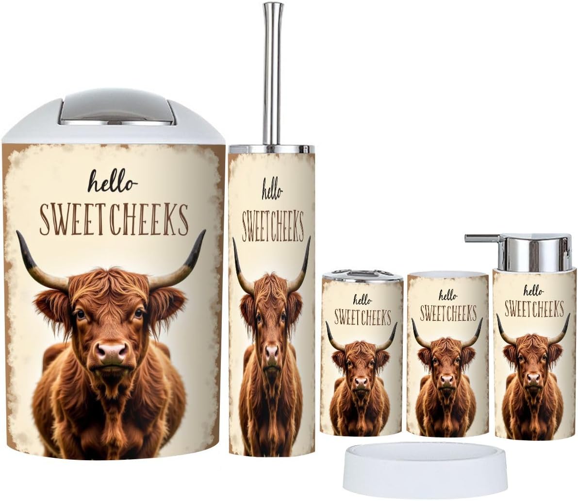 Bathroom Accessories Set 6 Pcs Highland Cow Bathroom Decor Rustic Western Wood Sign Long Horns Shaggy Toothbrush Holder Cup Soap Dispenser Soap Dish Toilet Brush Holder Trash Can for Countertop Decor