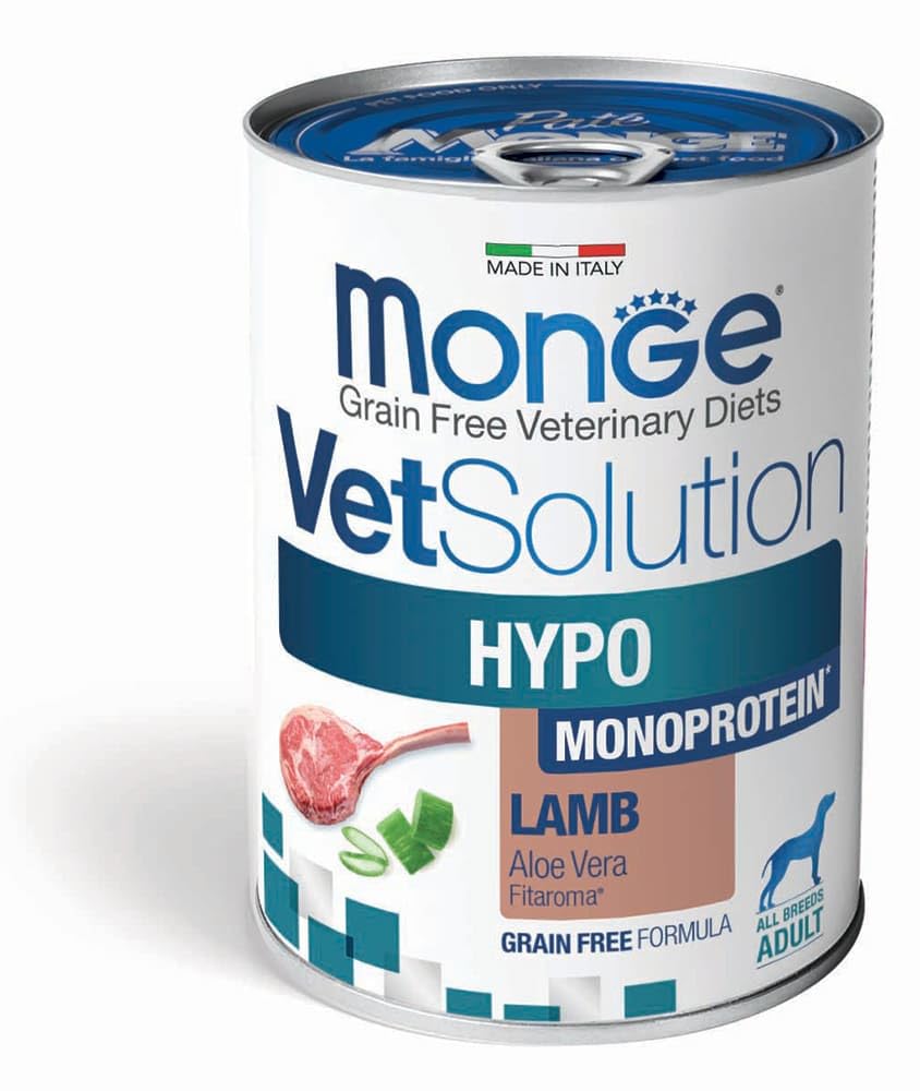 MONGE Cane VetSolution Canine Hypo Monoprotein gusto Agnello | alimento dietetico completo per cani, per la riduzione di intolleranze alimentari, Made in Italy, 12 lattine da 400 grammi.