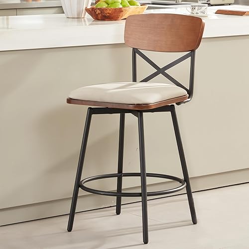Miniatura 9 de Juego de 2 taburetes de bar giratorios de altura de mostrador, taburetes de bar tapizados con respaldo para isla de cocina, altura de asiento de 26