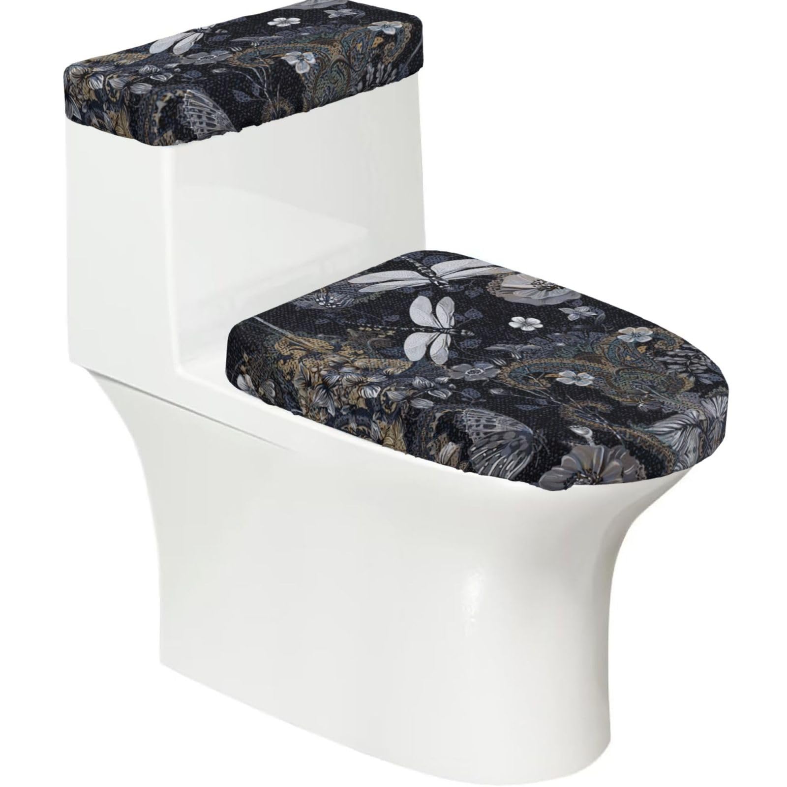 Dragonflies Grey Print Bathroom Decor Toilet Lid Cover And Tank Covers, Restroom Accessories Fits Most Round