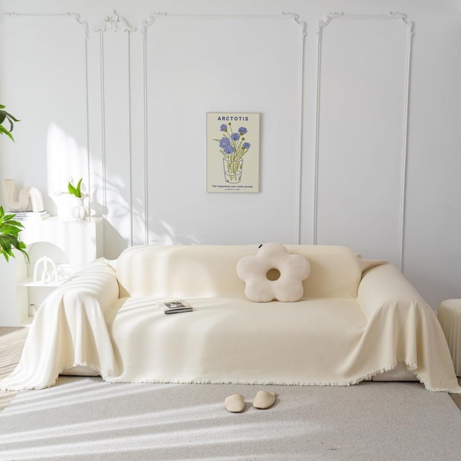Plaid Canape Grande Taille Crème, Impermeable Chat Anti Griffe Couverture Canape Universelle 1 2 3 4 Places Angle Décorative Housse de Canapé idéal comme Jeté de Canapé ou Couvre-lit