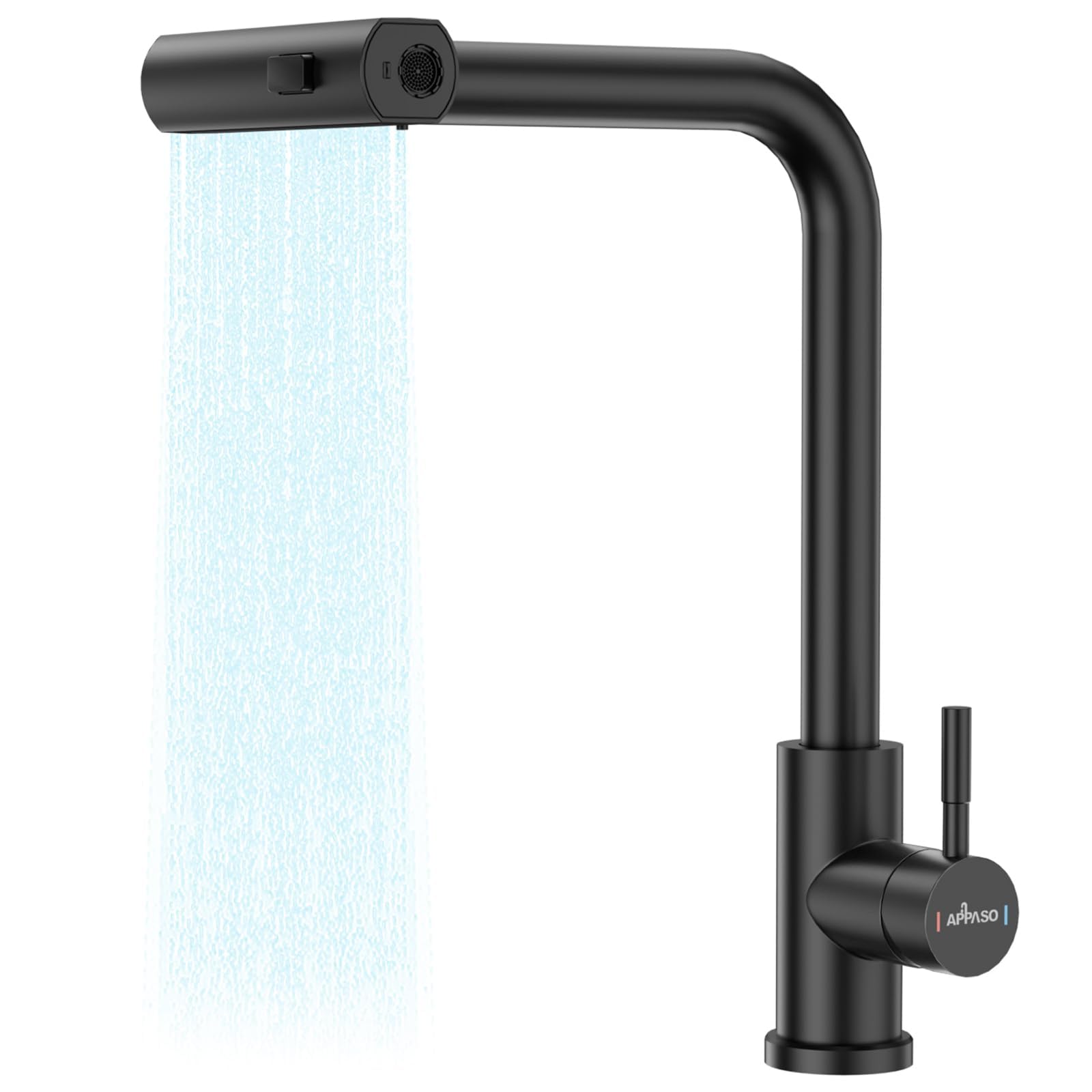 APPASO Waterfall Kitchen Tap, Brushed Stainless Steel Kitchen Faucet with Pull-Out Sprayer 3 Modes, High Pressure 360° Swivel Kitchen Sink Mixer, High Arc Single Hole Sink Tap
