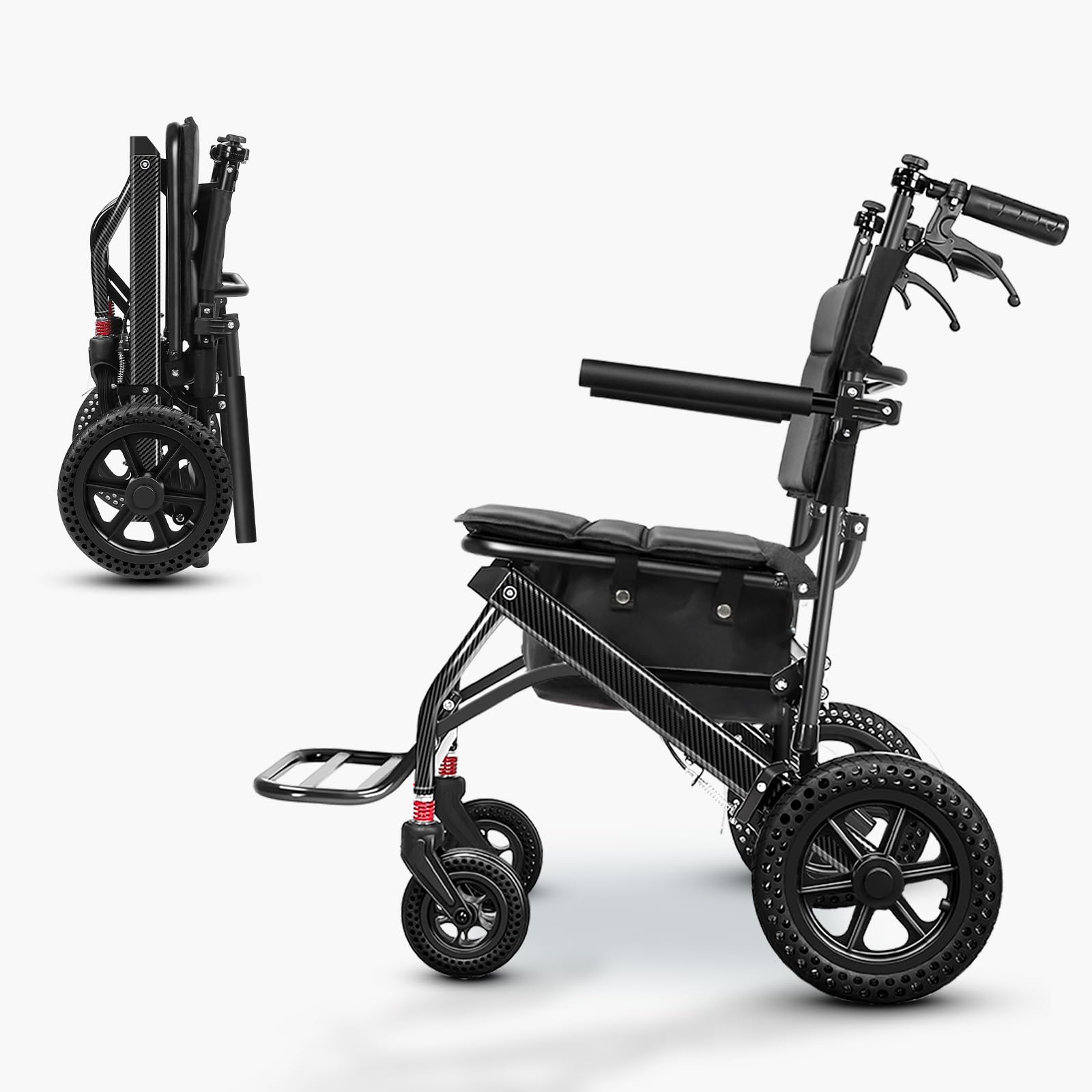 ZIIVIE VS Schmaler Reiserollstuhl Leicht & Faltbar für die Wohnung, 45 cm Sitzbreite, Kompakter Transportrollstuhl, Aluminium-Rahmen in Carbon-Optik, mit Einkaufskorb