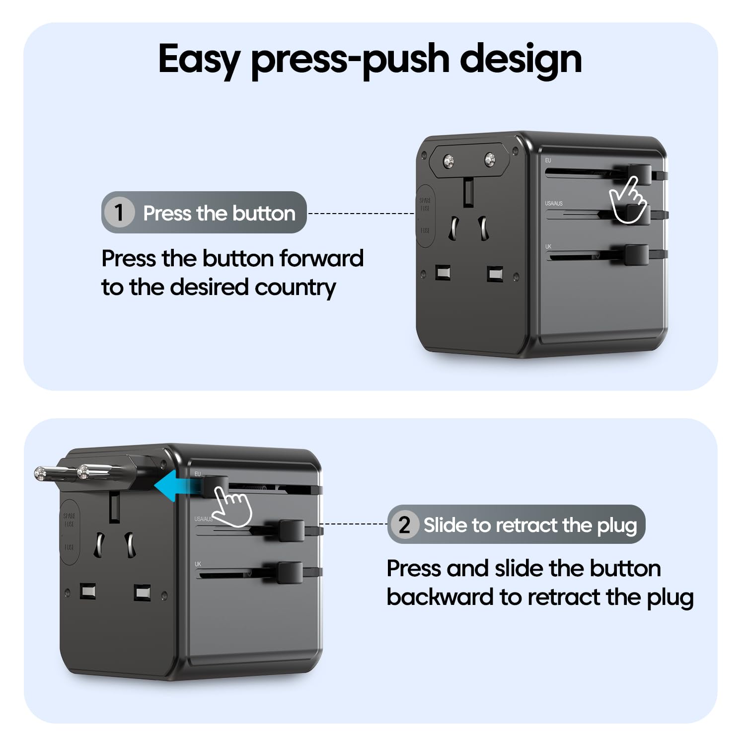 Sounce OmniCharge 25W Universal Travel Adapter, 4-in-1 International Multi Plug Charger for 150+ Countries, 2 USB-C & 1 USB-A Ports, Fast Charging, US/UK/EU/AU Compatible (Black) 2