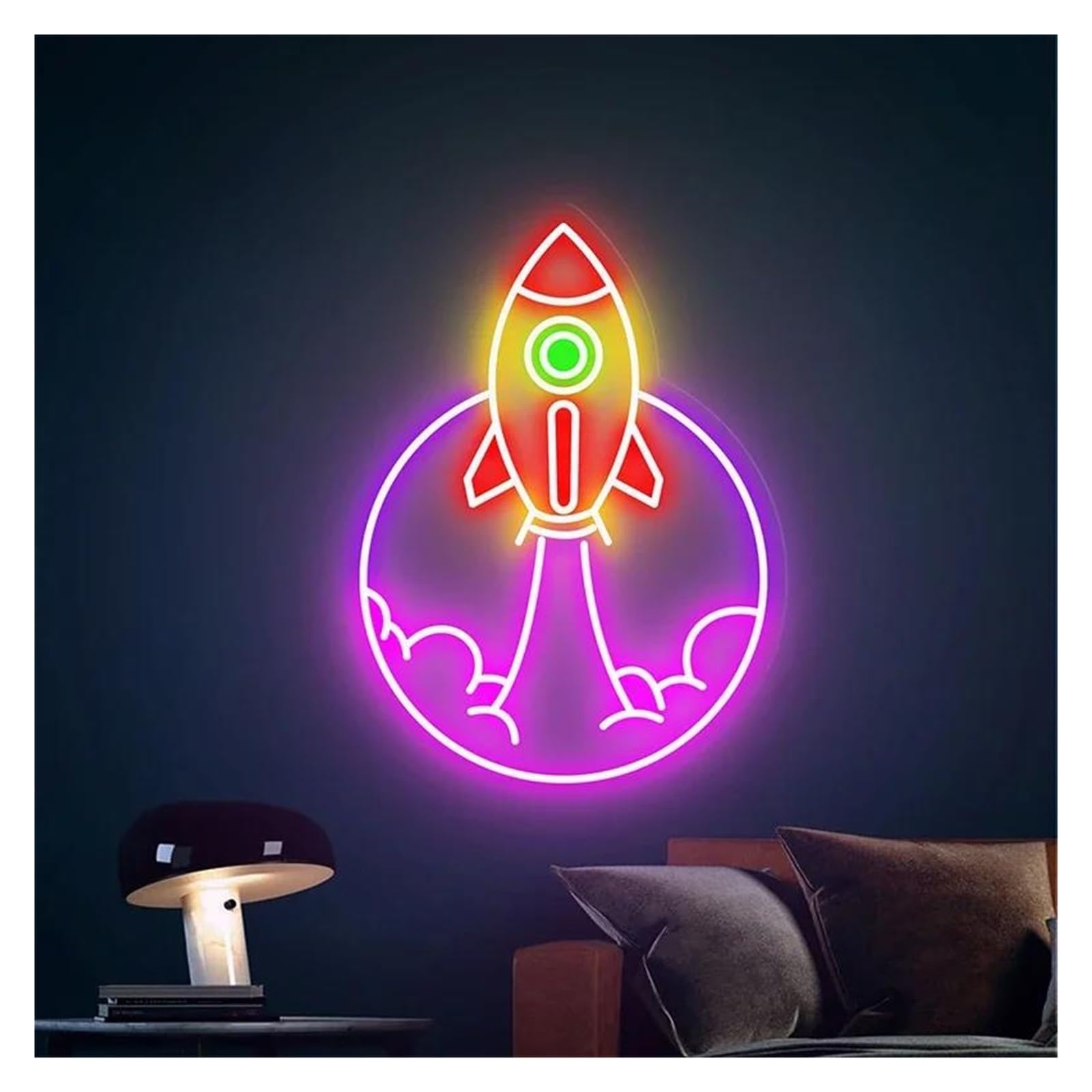 Shouxi D Sign Lamp Rocket Neon Sign For Kids Room Bedroom Wall Art Ecor Gaming Room Home Bar(,50Cm)