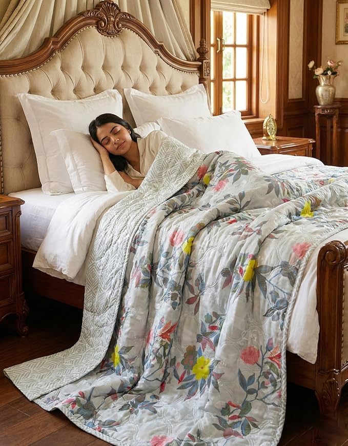 Image of Summer Blanket 100% Cotton Reversible Ac Comforter and Cooling | Classic Printed Design | Quilt | Dohar Single /Double Bed Quilt Ideal for Gifting (Gray Floral Design, Single BE)