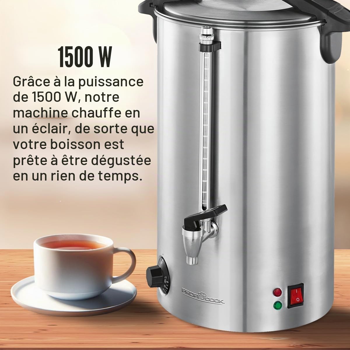 PROFI COOK PC-HGA1111 - Distributeur de boissons chaudes et/ou vin chaud - Capacité 16 litres - 1500 Watts - Contrôle électronique de la Température - Couleur Argent