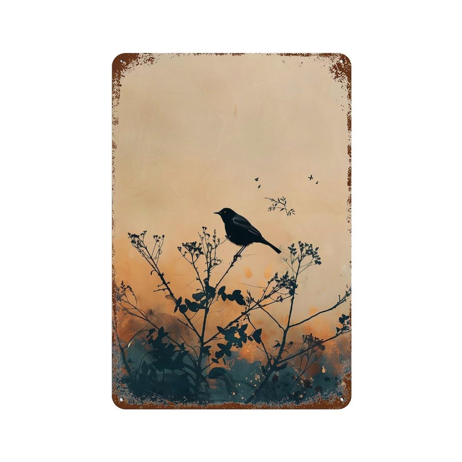 Black Bird on Branch Silhouette Art Tin Signs Decor Retro Metal Wall Plaque Cafe Pubs Clubs Living Room Bars Kitchen Balcony 11.8"x7.9"