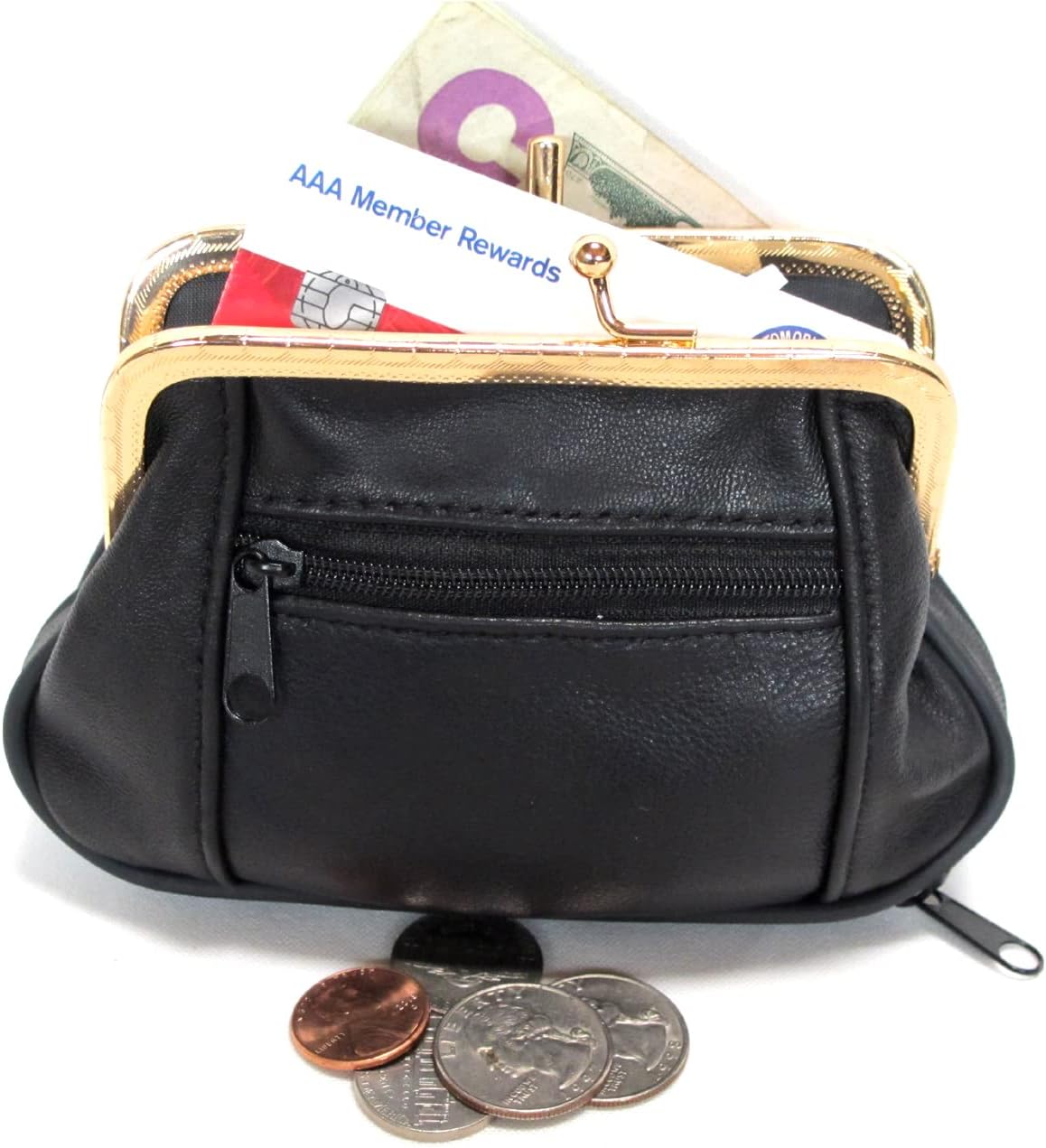 Women Soft 100% Leather Mini Wallet ID Credit Cards Cash Coin Holder Case Organizer Purse Framed & Zipper Closures -BLACK - Image 6