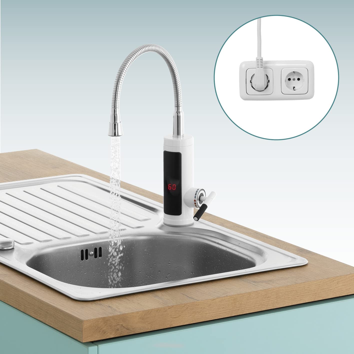 EASYmaxx Armatura do ciepłej i zimnej wody z przepływowym podgrzewaczem wody | z cyfrowym wskaźnikiem temperatury LED | idealna do warsztatu, garażu, na kemping, do ogrodu i na taras, łatwy montaż