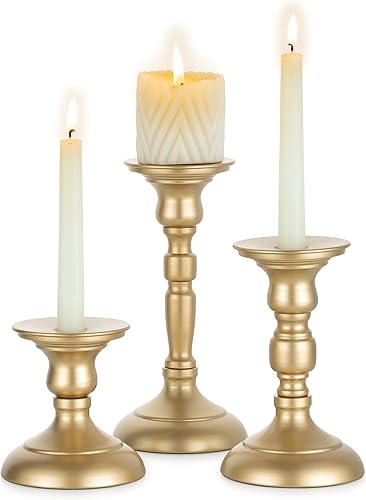 Sziqiqi Portavelas dorados decorativos candelabros para pilares, juego de 3 portavelas cónicos para mesa de boda, chimenea, mantel de vacaciones