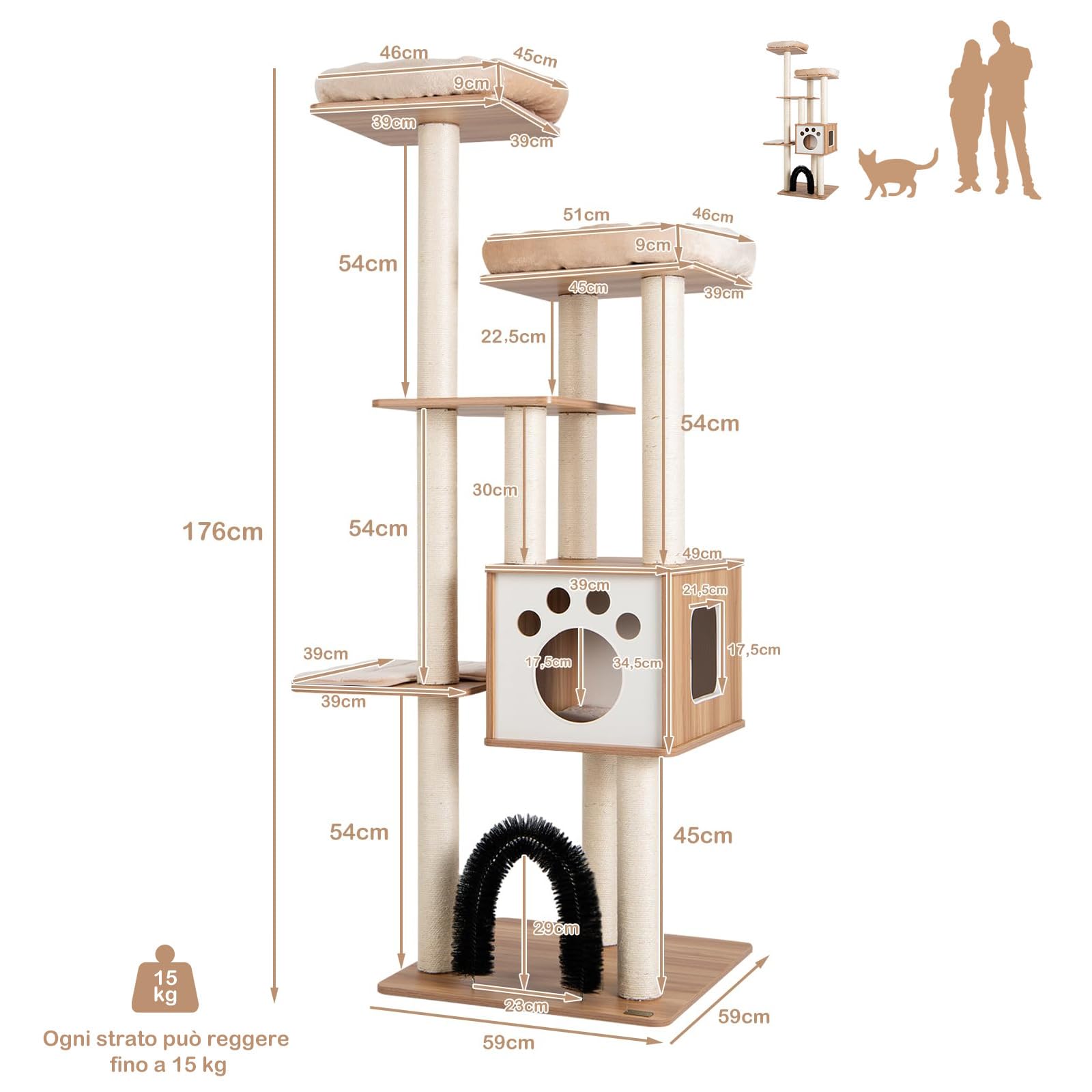 GYMAX Tiragraffi per Gatti, 59 x 59 x 176 cm, Carico 15 kg, Tronchi in Sisal, Cuscino Rimovibile Lavabile, Ideale per Gatti Grandi Adulti (Stile 12)