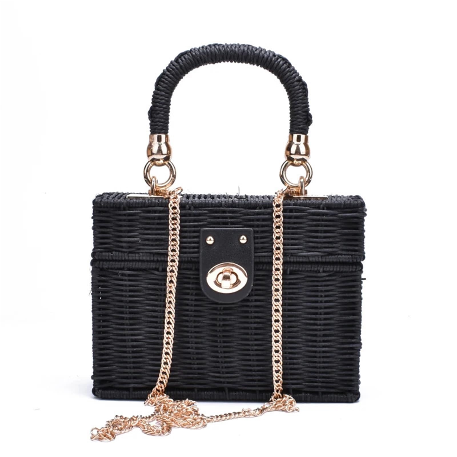 Borsa a tracolla in paglia nera in rattan | Borsa a tracolla da donna intrecciata a mano Borsa da spiaggia estiva in paglia con scatola quadrata for signora