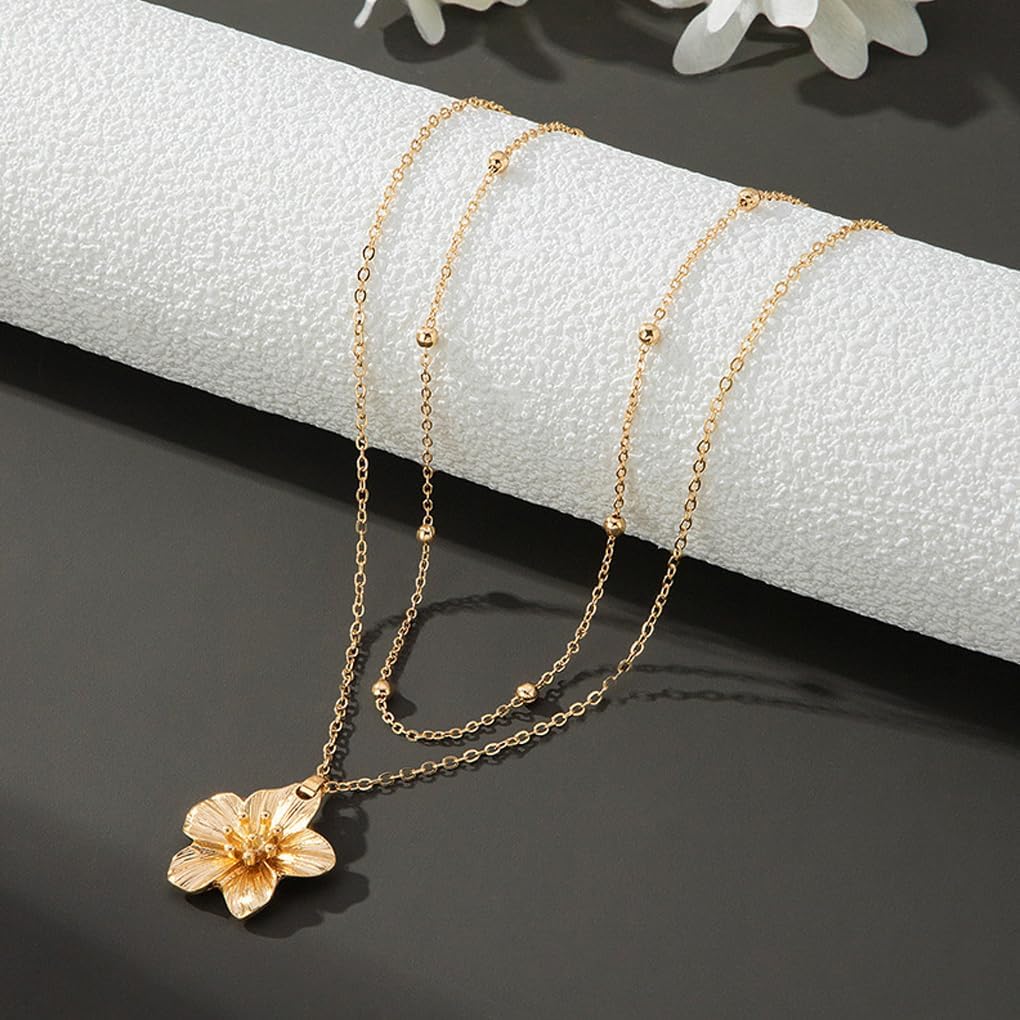 Gold Flower Statement Necklace Layered Flower Beaded Choker Necklace for Women Trendy Chunky Vacation Jewelry Accessories - Image 5
