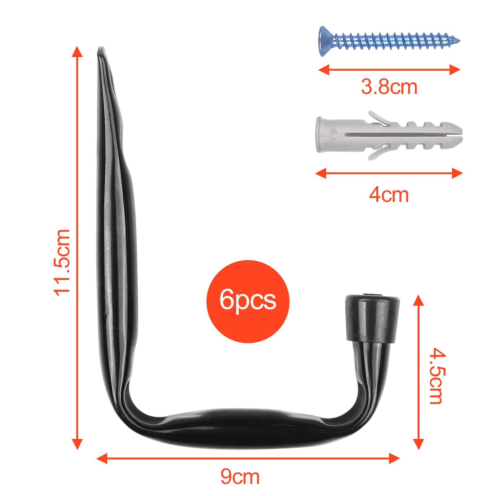 Newpop 6 Piezas Ganchos Para Colgar, Gancho pared de Garaje Resistentes, Colgador Bicicleta Pared de Acero Revestimiento Antideslizante para Herramientas Eléctricas Escaleras Negro 11.5cm x 9cm