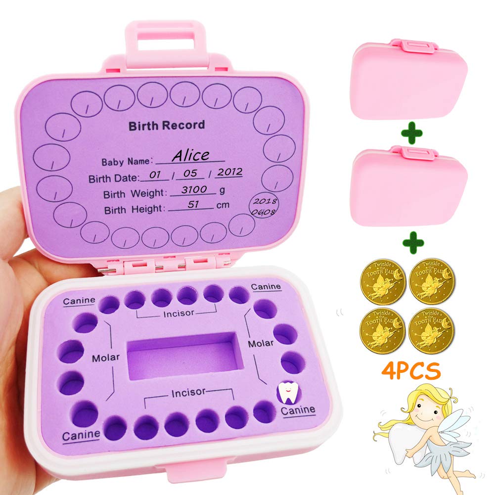 Baby Teeth Keepsake Box, Tooth Fairy Box, Lost Deciduous Tooth Collection Organizer with 4pcs Tooth Fairy Golden Coin, Save Children Teeth to Keep The Childhood Memory (Pink+Pink)