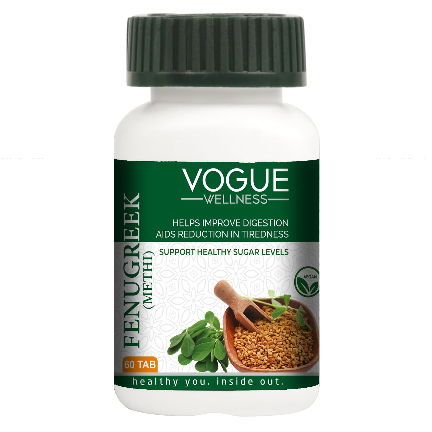 Vogue Wellness Fenugreek Tablets (Methi) | Natural Herbal Supplement for Digestive Health & Wellness | Supports Healthy Blood Sugar Levels & Hormonal Balance | 60 Tablets