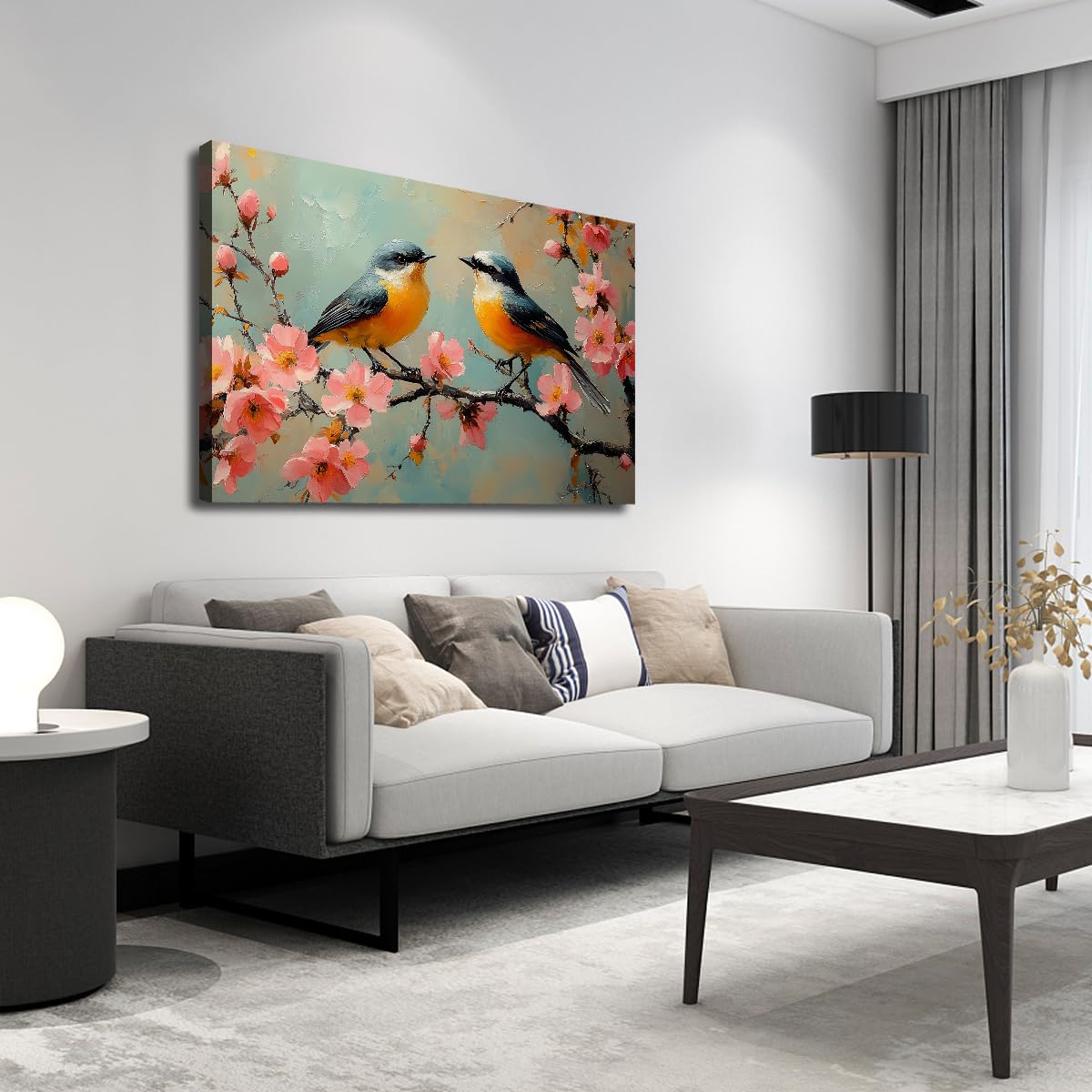 CHERHERART Oiseaux Branche de cerisier Toile Art mural Impressionniste Affiche printemps-été pour salon Tirages romantiques sur toile campagnards 70x110cm Sans cadre