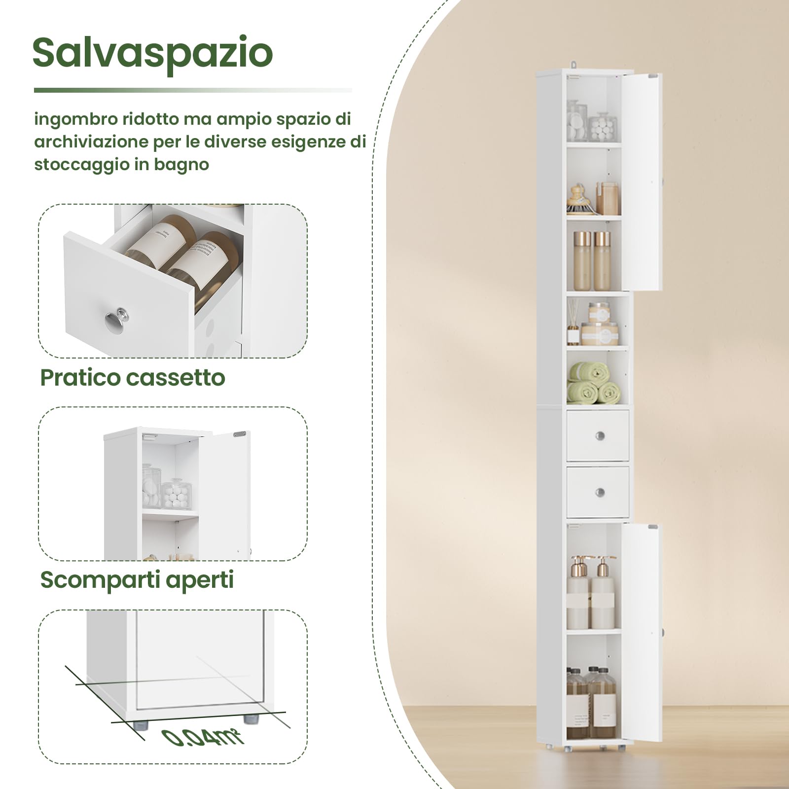 EUGAD Armadio Alto da Bagno, Mobiletto da Bagno, Colonna Bagno Stretta, 20 x 20 x 180 cm, Mobiletto Salvaspazio Stretto, con Ripiani Regolabili, per Spazi Ridotti, Soggiorno, Corridoio, Bianco